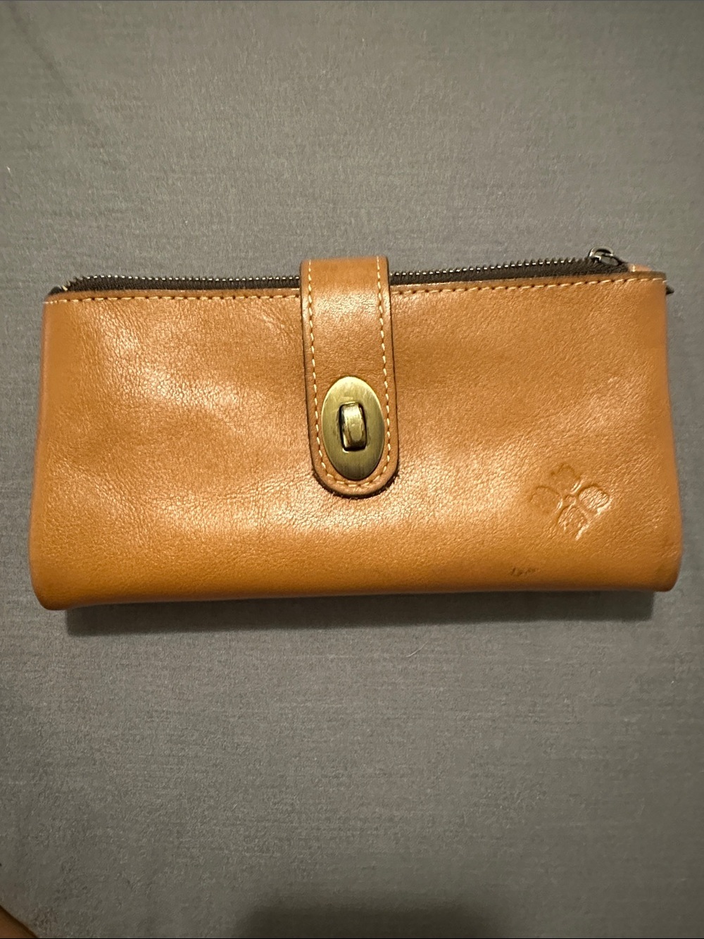 Leather Zip Wallet Clutch in Tan with Turn-Lock Tab